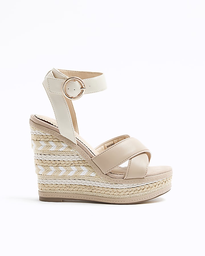 White crossed wedge espadrille sandals