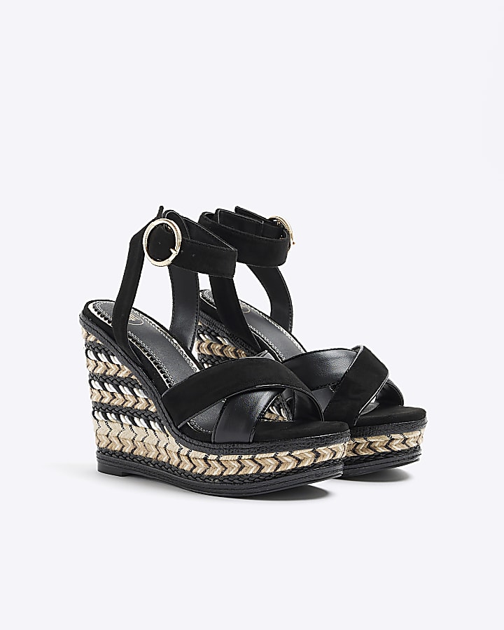 Black crossed wedge espadrille sandals