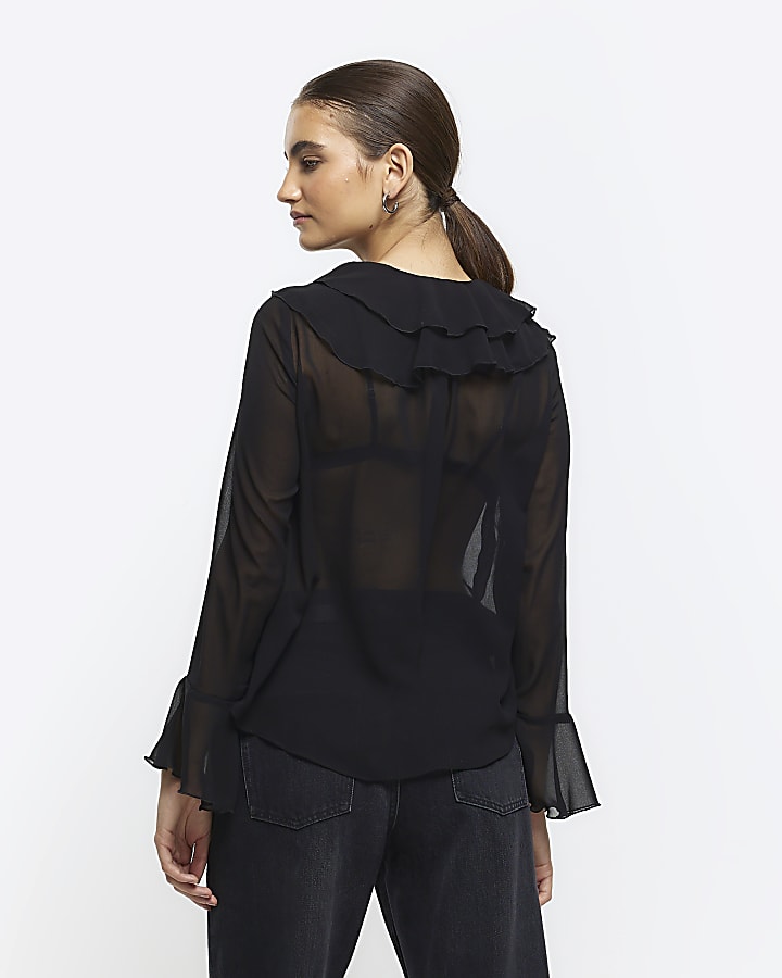 Black chiffon frill blouse