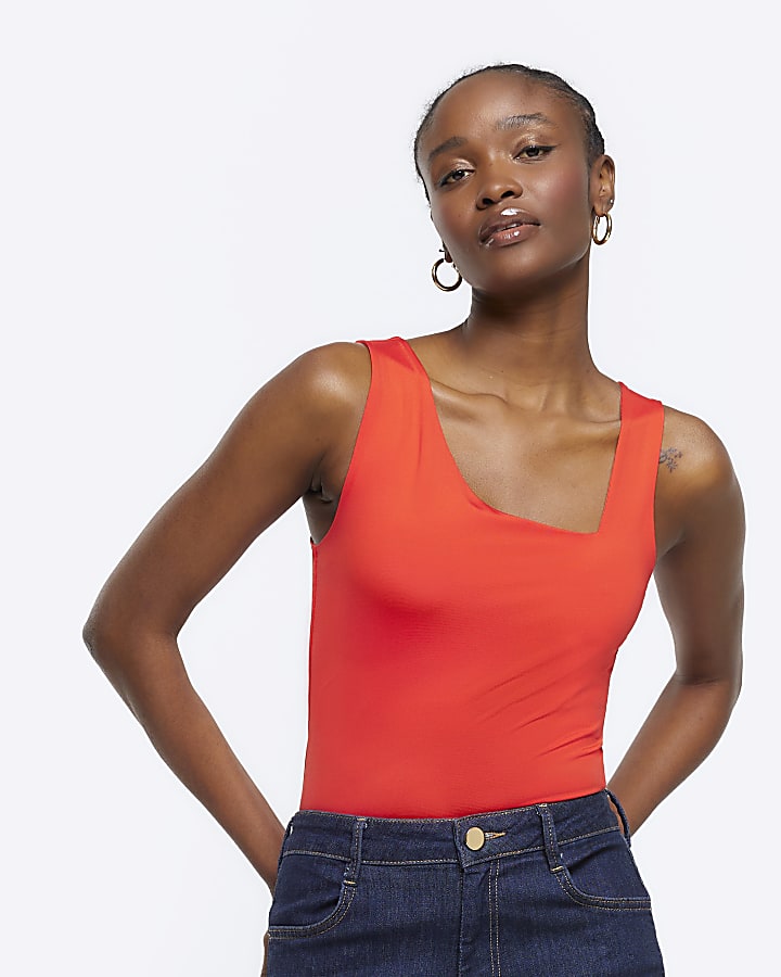 Red asymmetric tank top