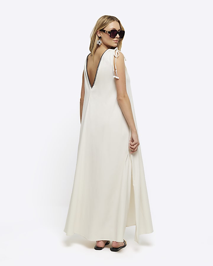 White whipstitch plunge maxi dress