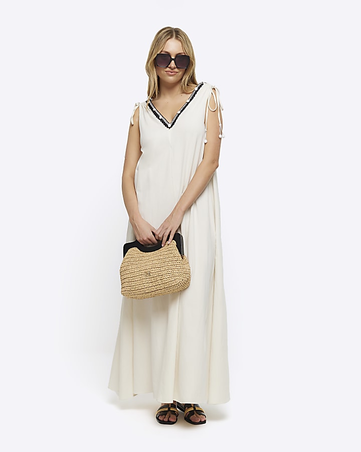 White whipstitch plunge maxi dress