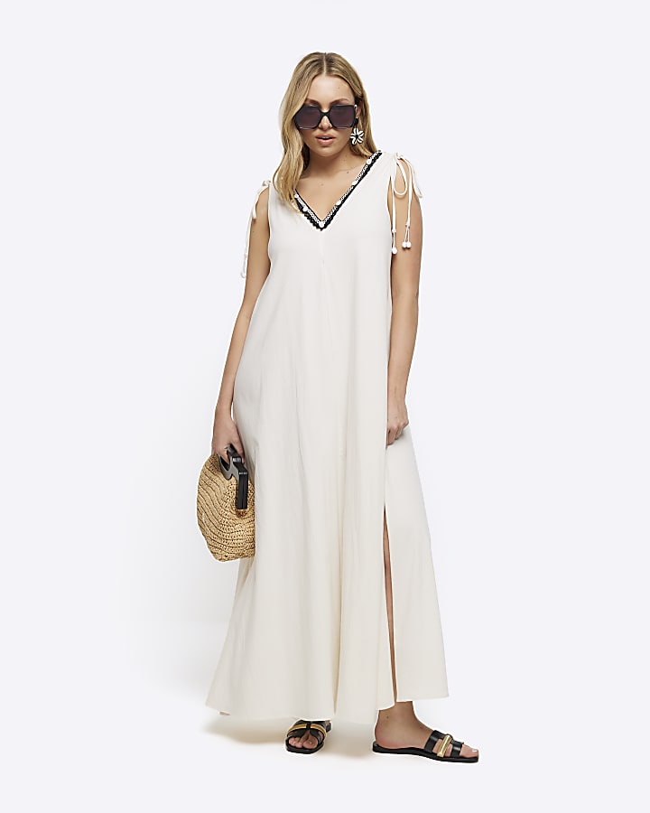 White whipstitch plunge maxi dress