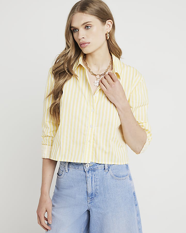 Yellow stripe poplin cropped shirt