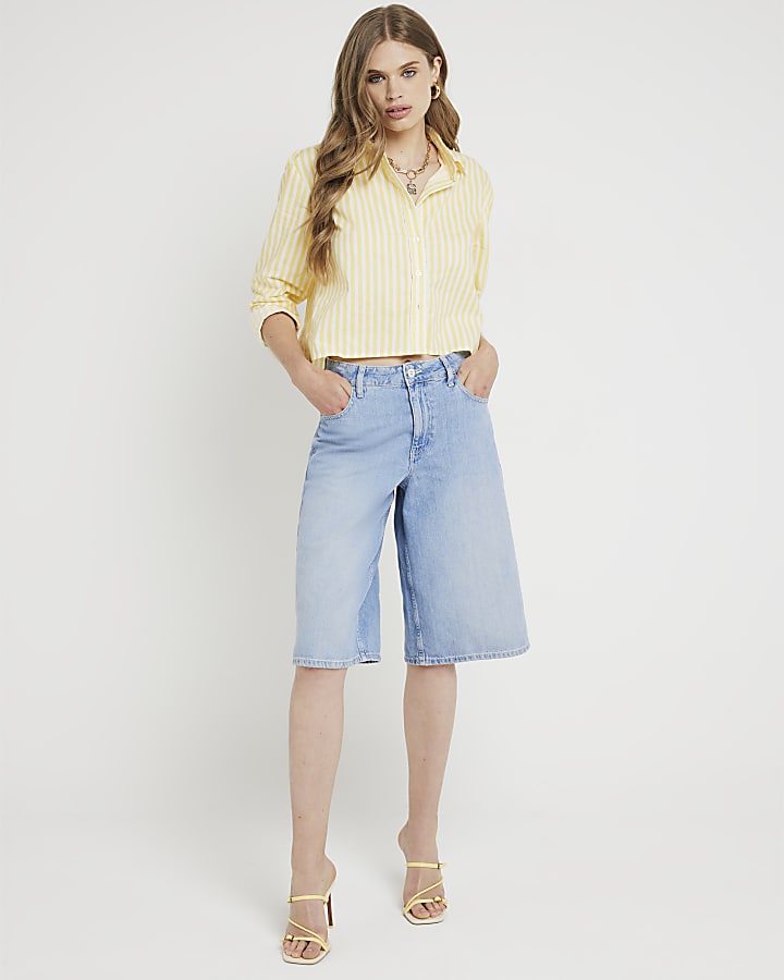 Yellow stripe poplin cropped shirt