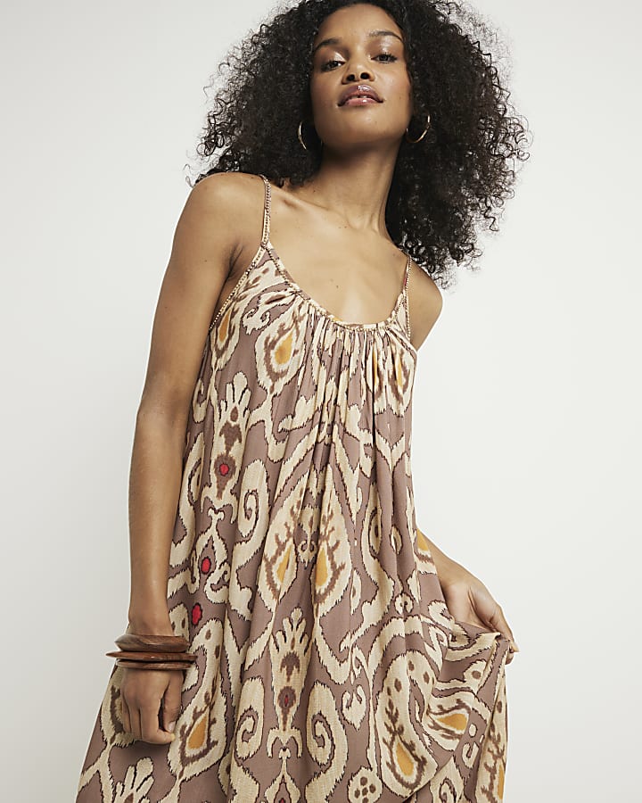 Brown abstract smock maxi dress