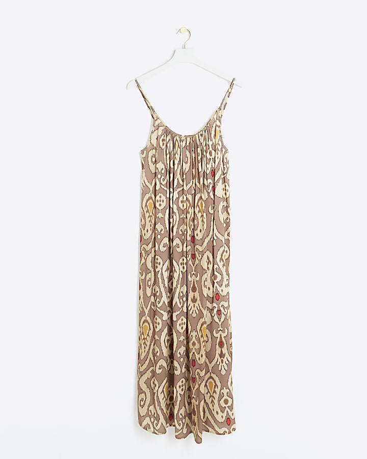 Brown abstract smock maxi dress