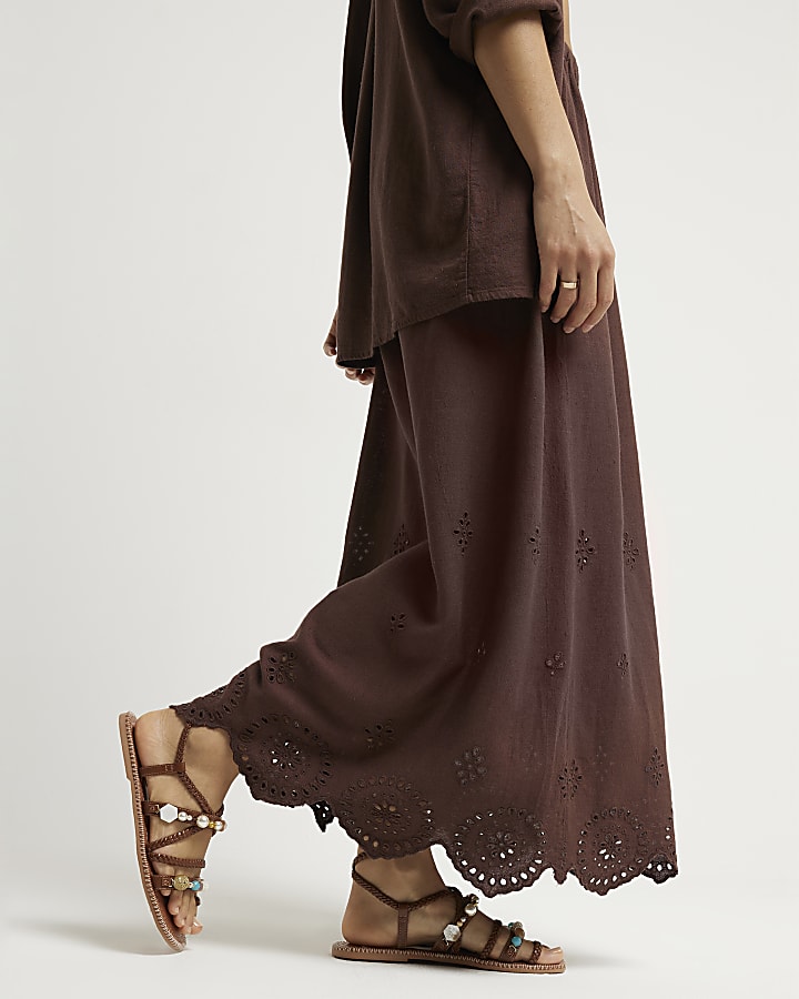 Brown linen blend broderie hem maxi skirt