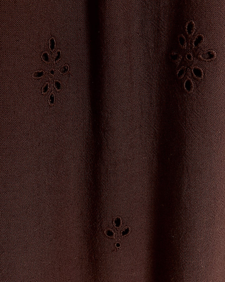 Brown linen blend broderie hem maxi skirt