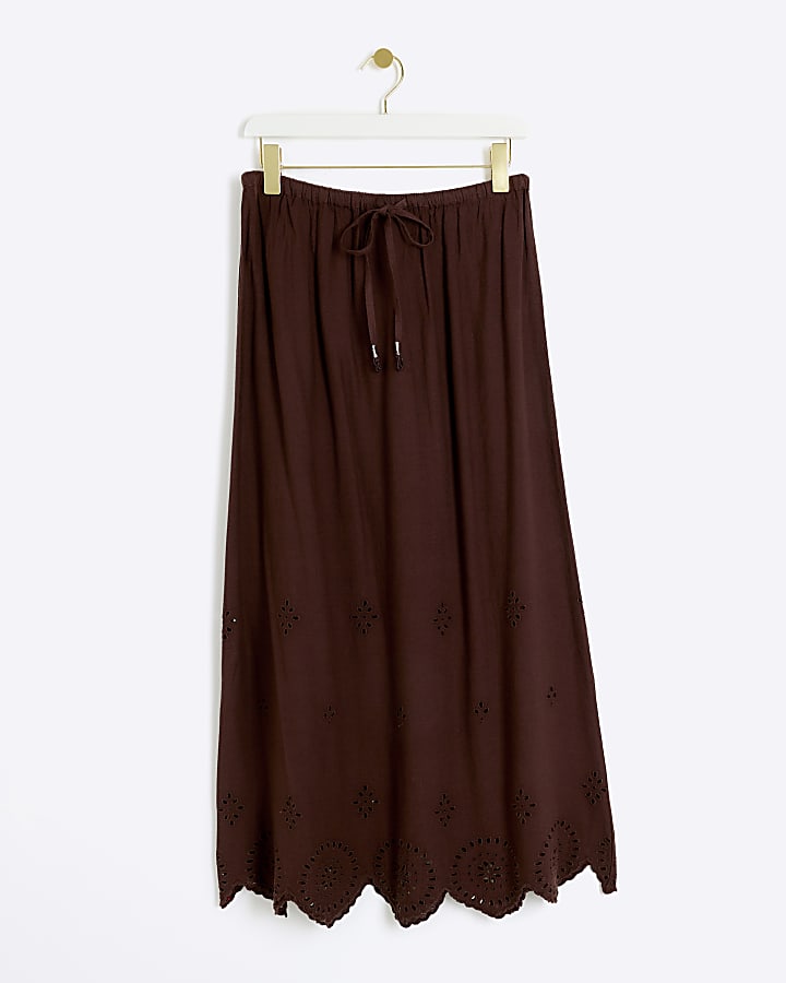 Brown linen blend broderie hem maxi skirt