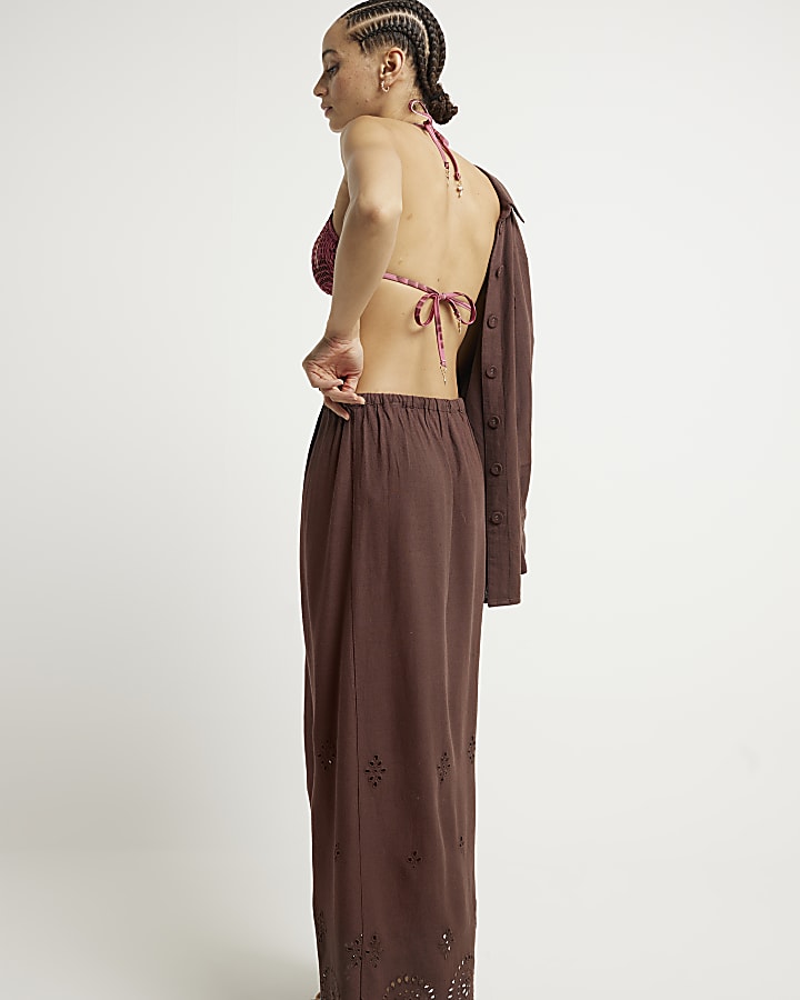 Brown linen blend broderie hem maxi skirt