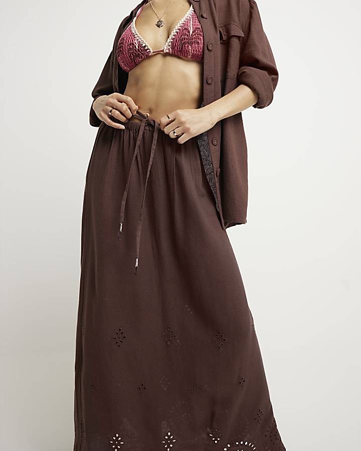 Brown linen blend broderie hem maxi skirt