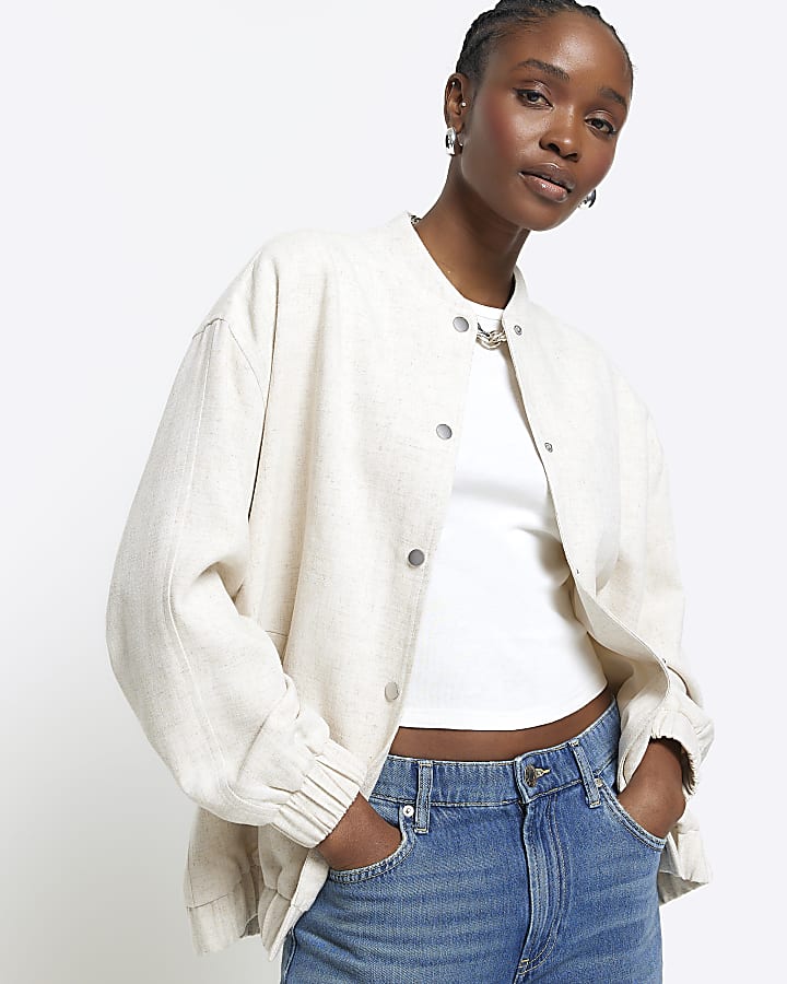 Beige Oversized Linen blend Bomber jacket