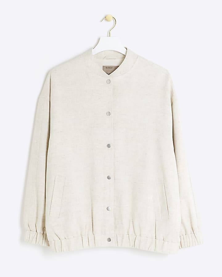 Beige Oversized Linen blend Bomber jacket