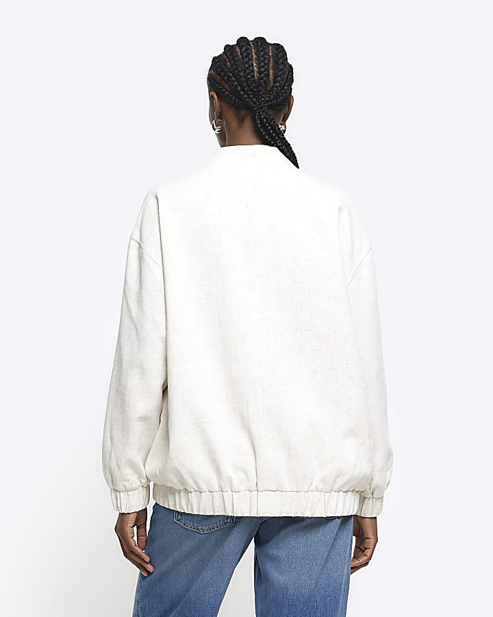 Beige Oversized Linen blend Bomber jacket