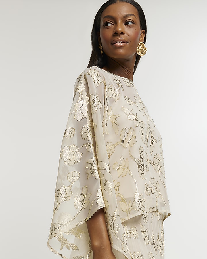 Gold glitter floral cape blouse