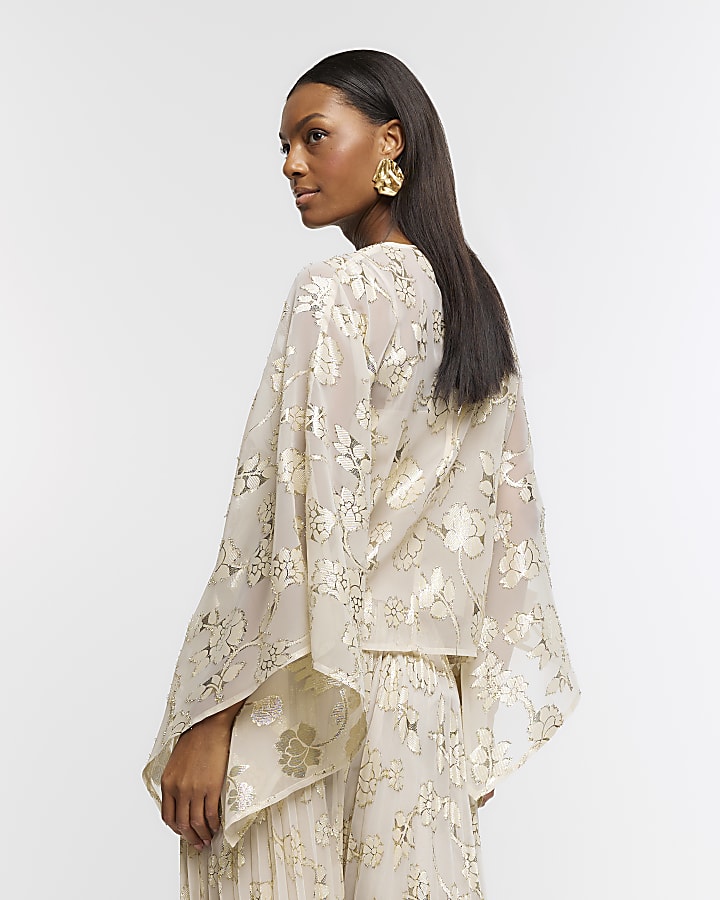 Gold glitter floral cape blouse