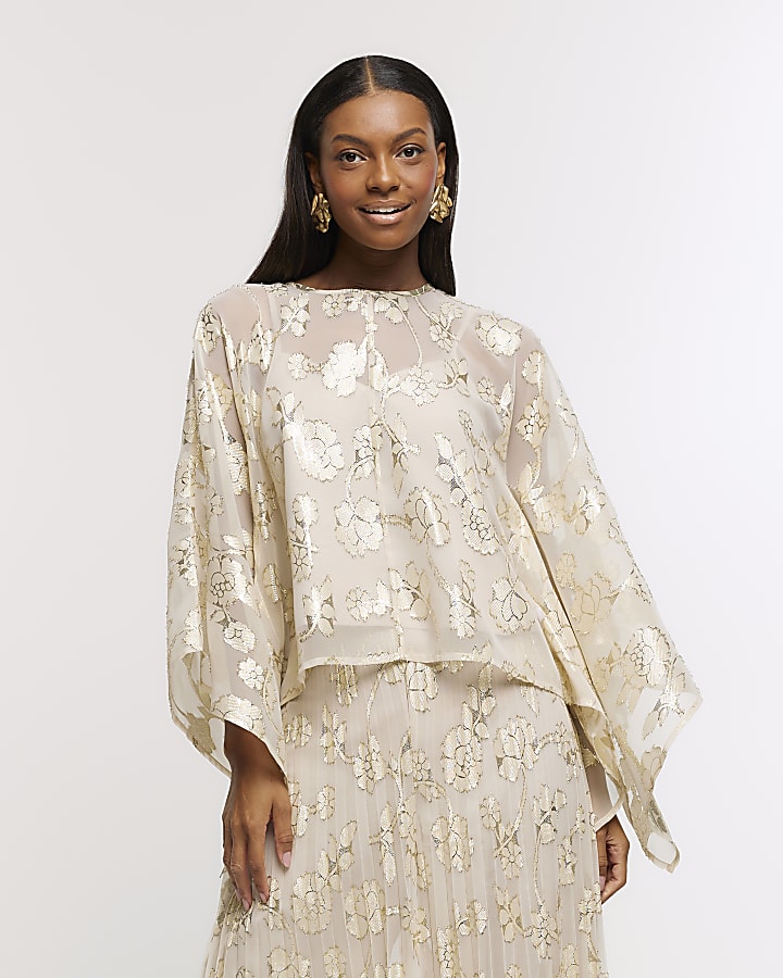 Gold glitter floral cape blouse