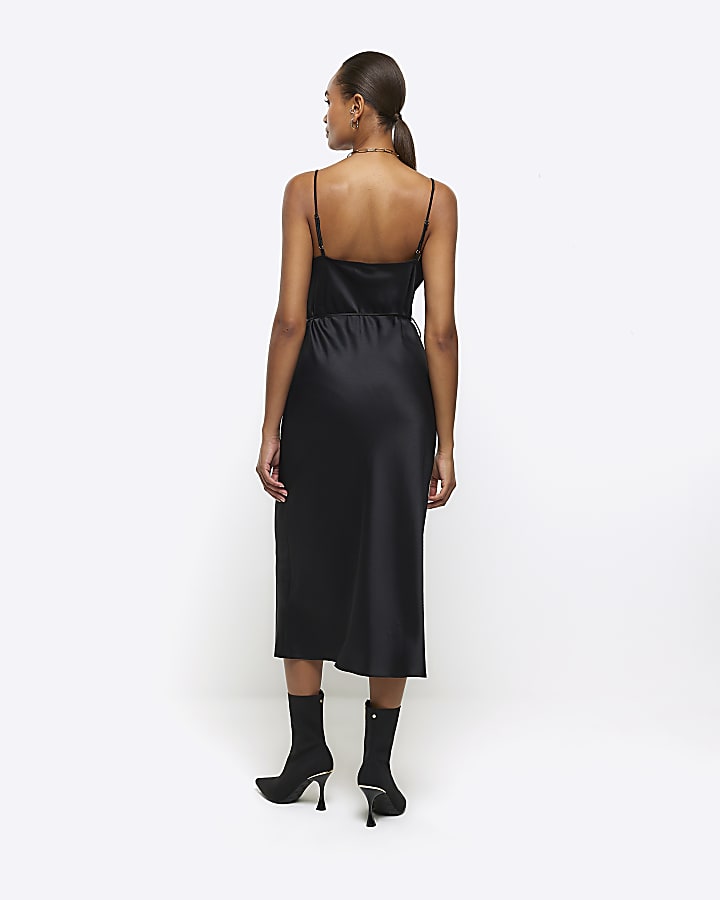 Black satin cowl neck slip midi dress