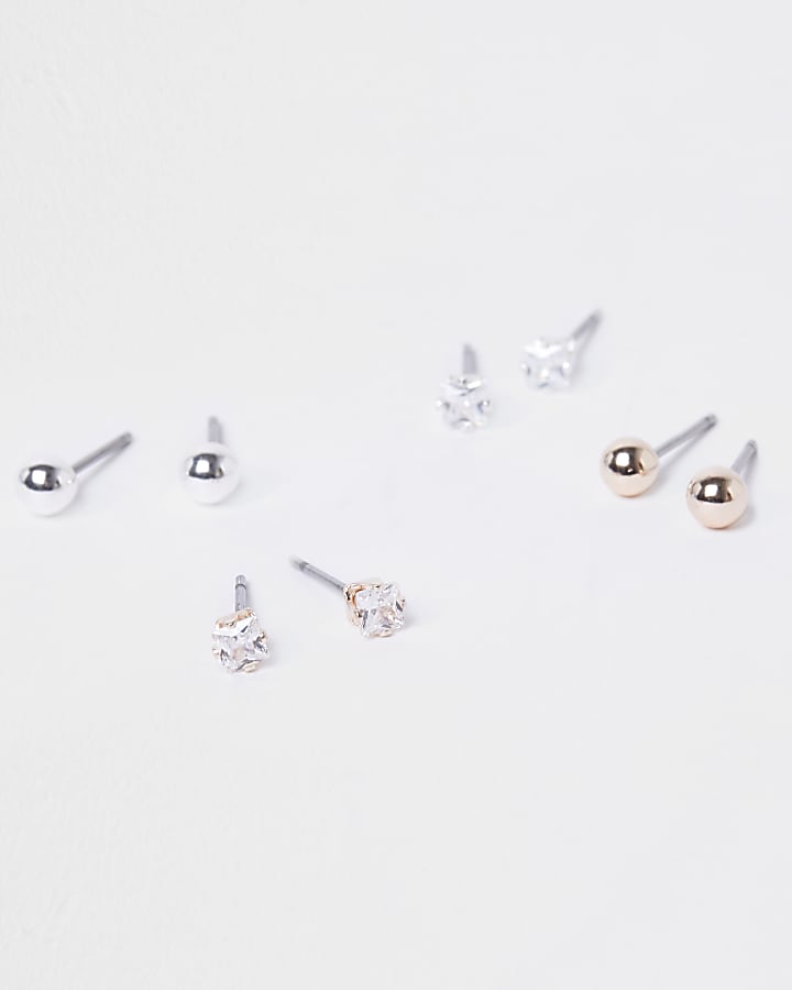 Metal Cubic Zirconia Stud Earrings Multipack