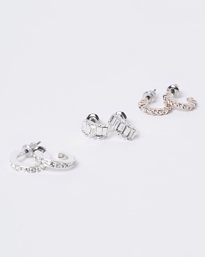 Silver diamante stud and hoop earrings