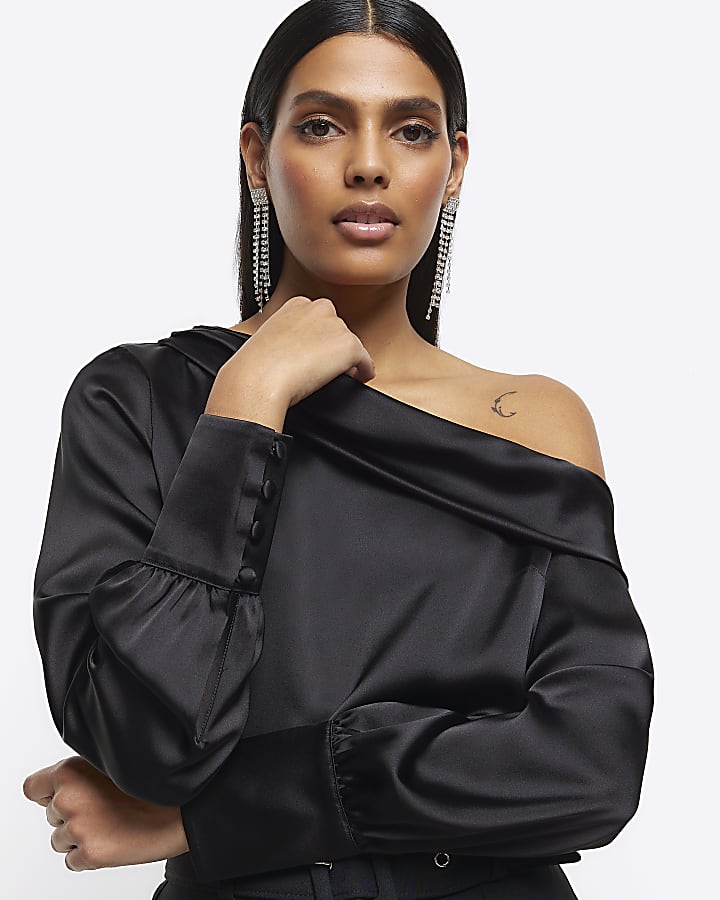 Black satin off shoulder top