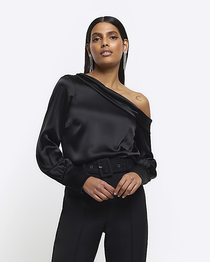 Black satin off shoulder top River Island