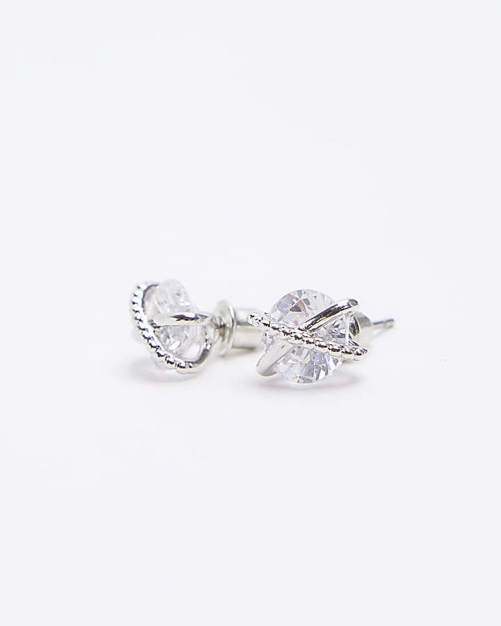 Silver diamante crossed stud earrings