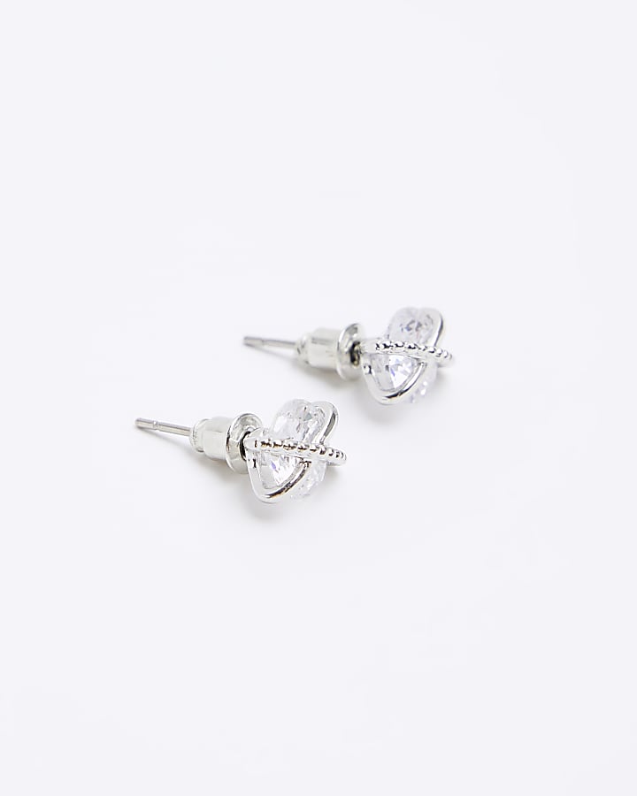 Silver diamante crossed stud earrings