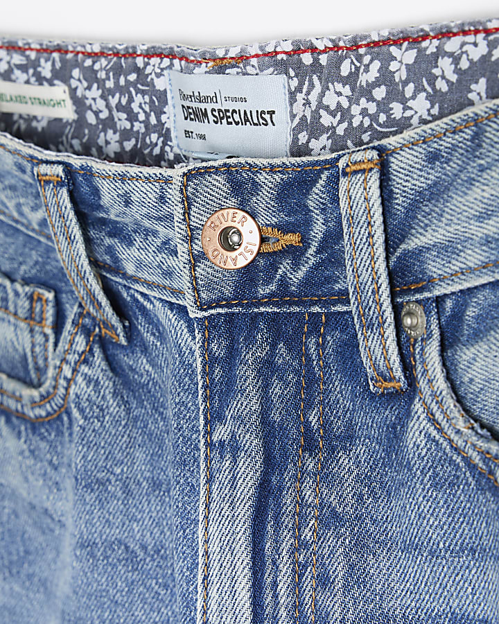 Blue high waisted relaxed straight rip jeans