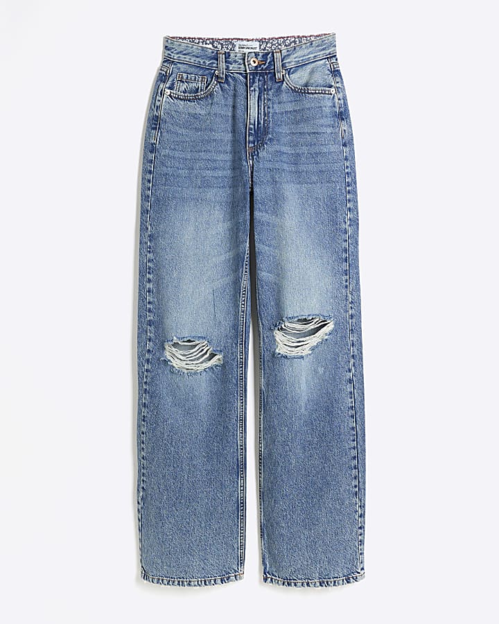 Blue high waisted relaxed straight rip jeans