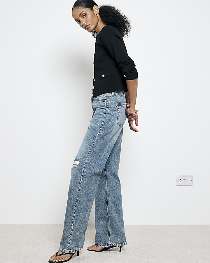 Blue high waisted relaxed straight rip jeans