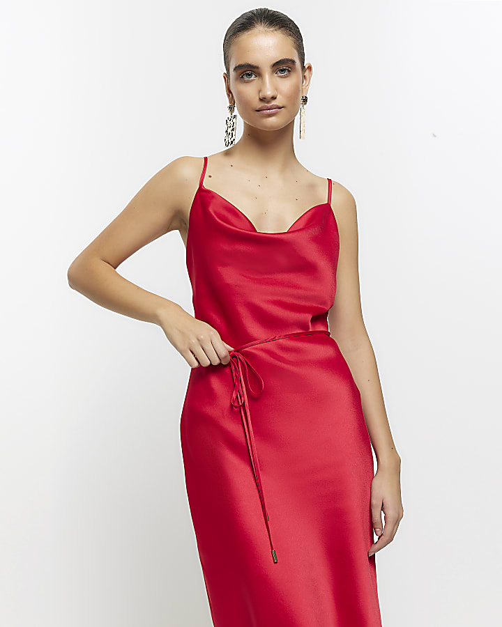 Red Cowl Neck Belted Slip Dress