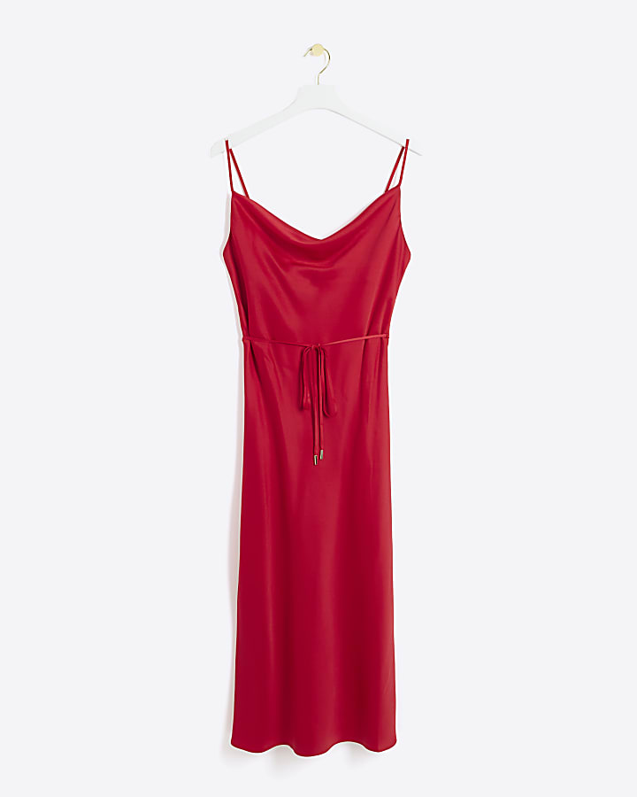 Red Cowl Neck Belted Slip Dress