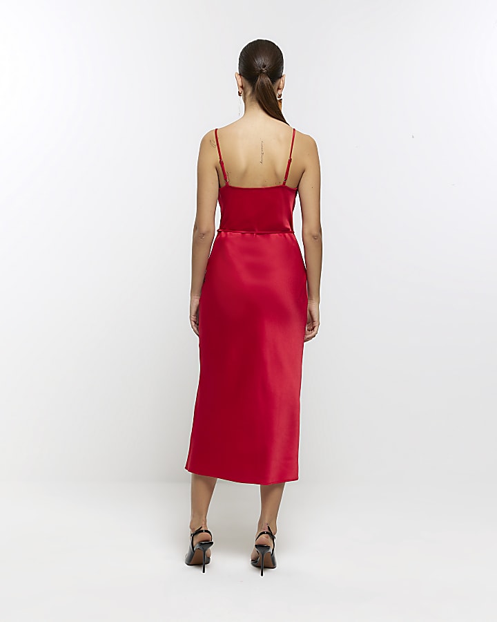 Red Cowl Neck Belted Slip Dress