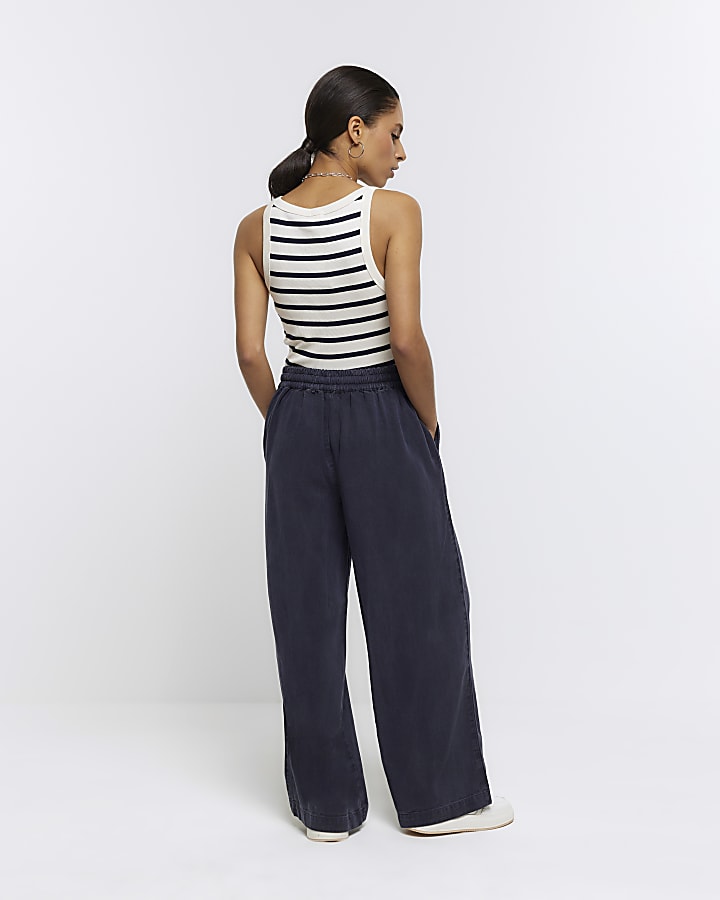 Petite Navy wide leg lyocell trousers