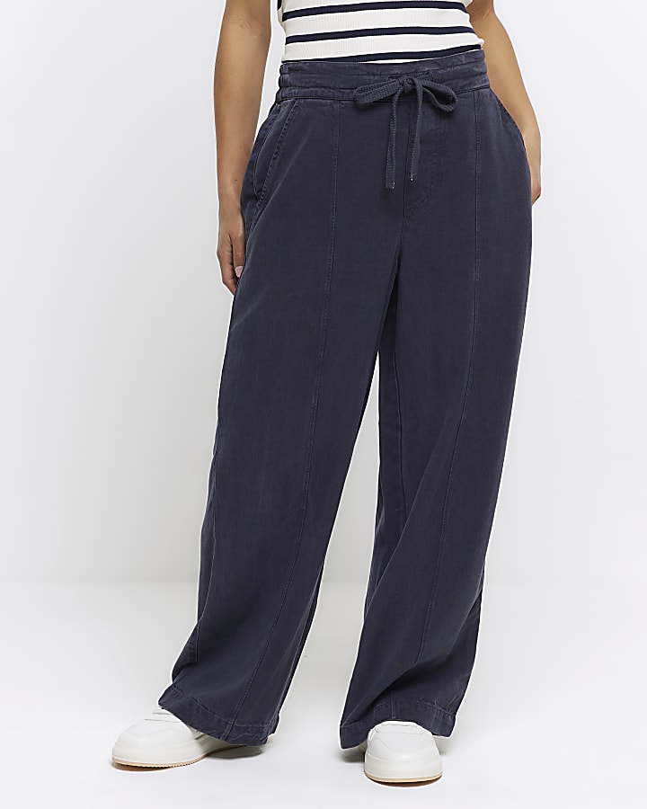 Petite Navy wide leg lyocell trousers