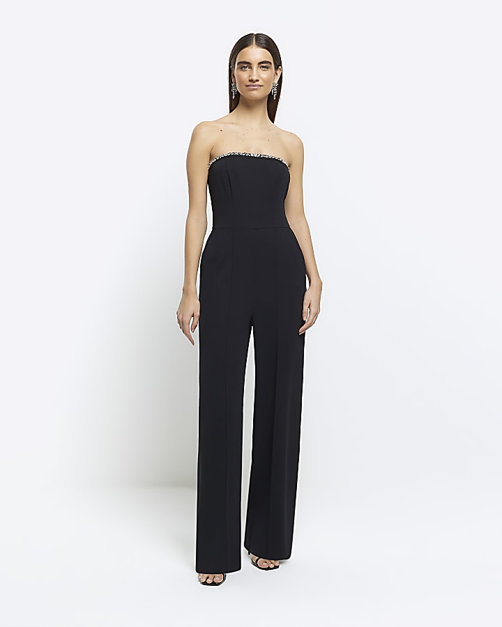 Black diamante bandeau wide leg jumpsuit