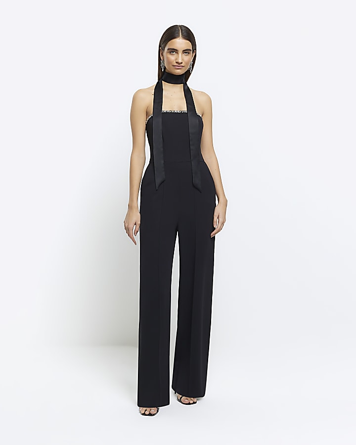 Black diamante bandeau wide leg jumpsuit