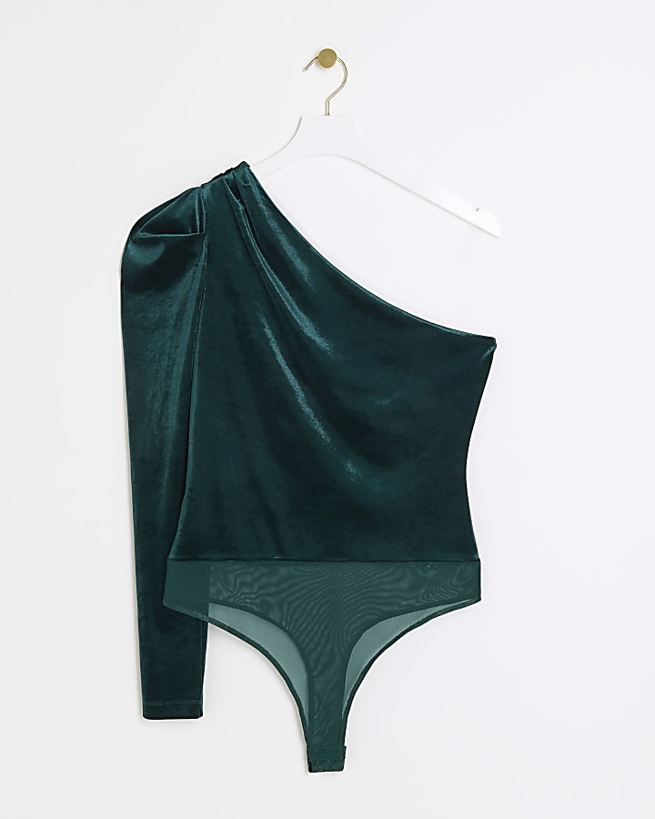 Green velvet one shoulder bodysuit