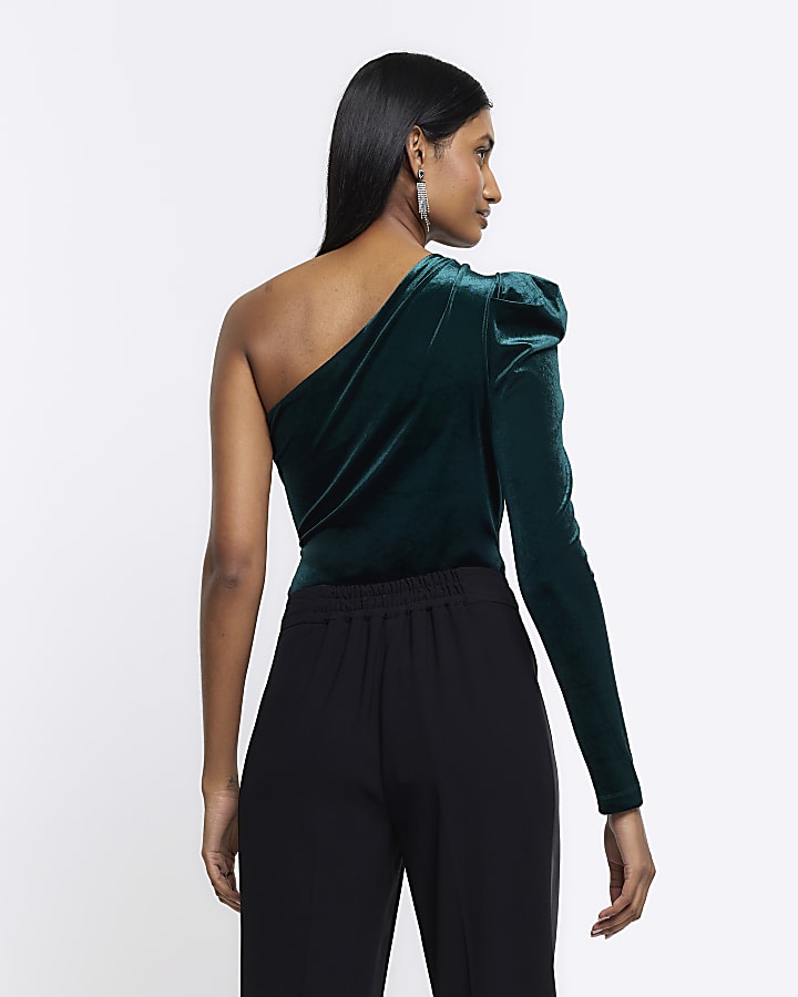 Green velvet one shoulder bodysuit