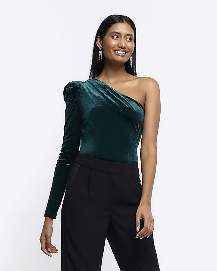 Green velvet one shoulder bodysuit River Island