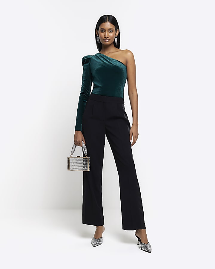 Green velvet one shoulder bodysuit