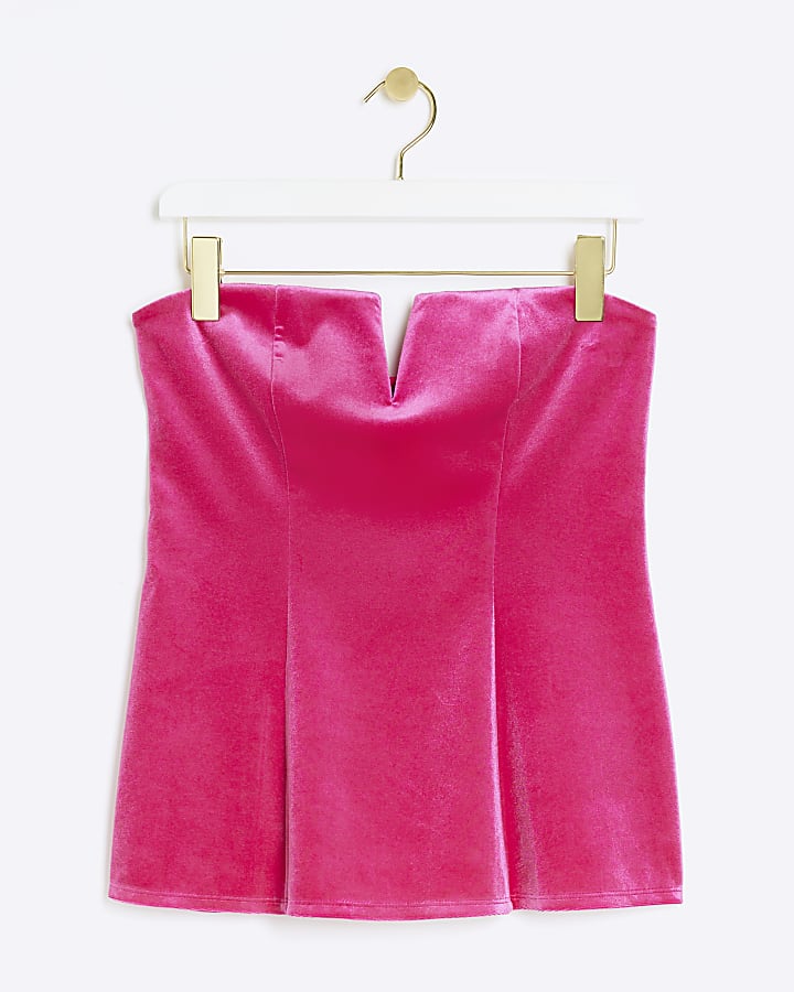 Pink velvet bandeau V neck top