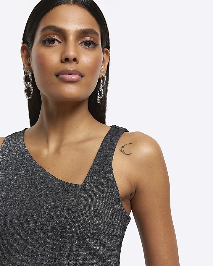 Black glitter asymmetric tank top