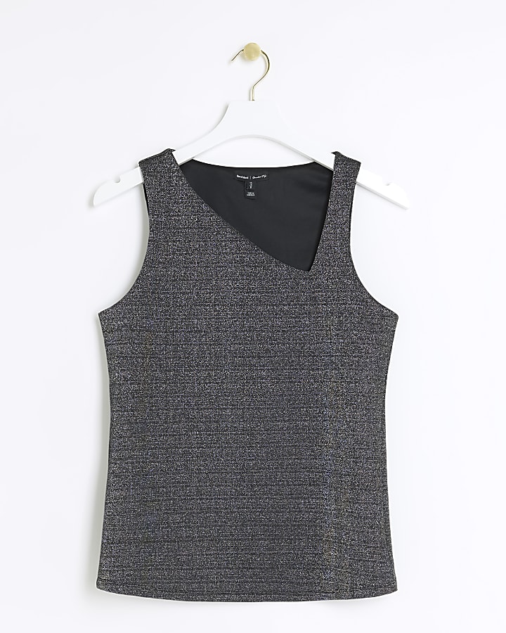 Black glitter asymmetric tank top