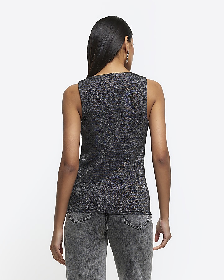 Black glitter asymmetric tank top