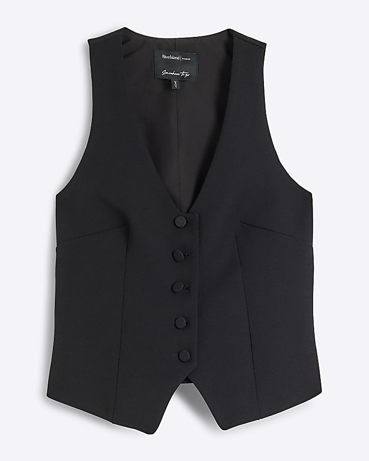 Petite black button front waistcoat