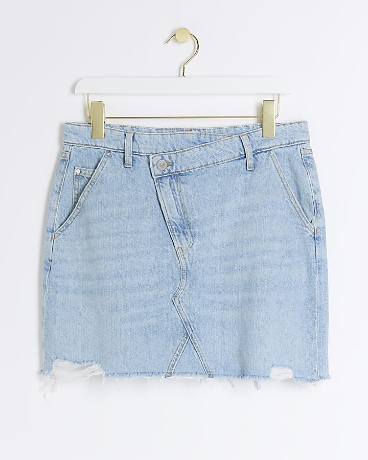 Blue asymmetric distressed denim mini skirt