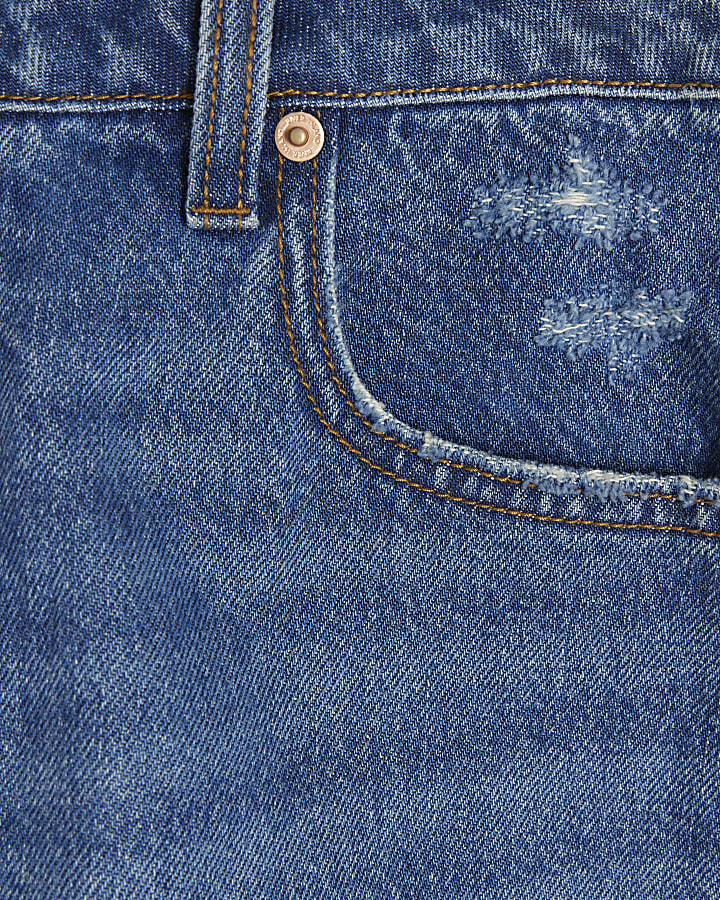 Blue mid rise ripped denim shorts